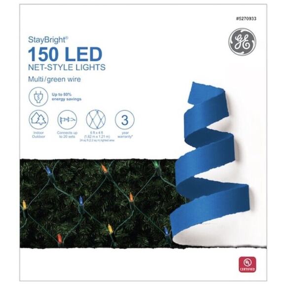 GE StayBright 150 LED Net-Style Lights Multi-Color W/Green Wire 6ft X 4ft New - Picture 1 of 5